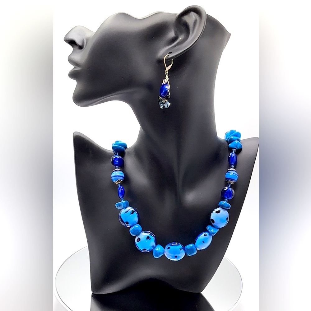 *RARE* Blue Polkadot Glasswork and Agate Austrian Crystal S925 Wire Necklace Set